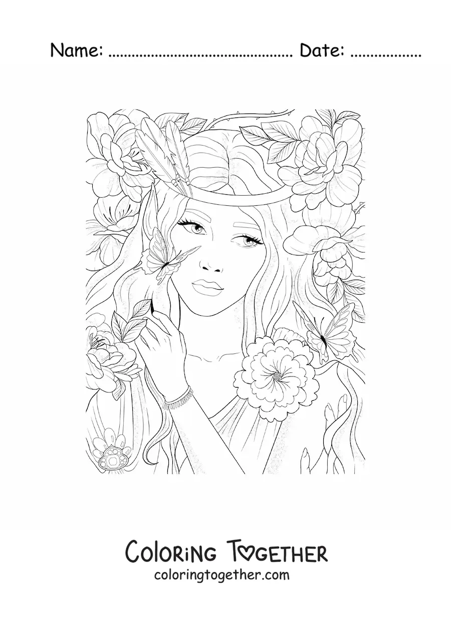 Coloring page of an aesthetic elf with flowers and butterflies