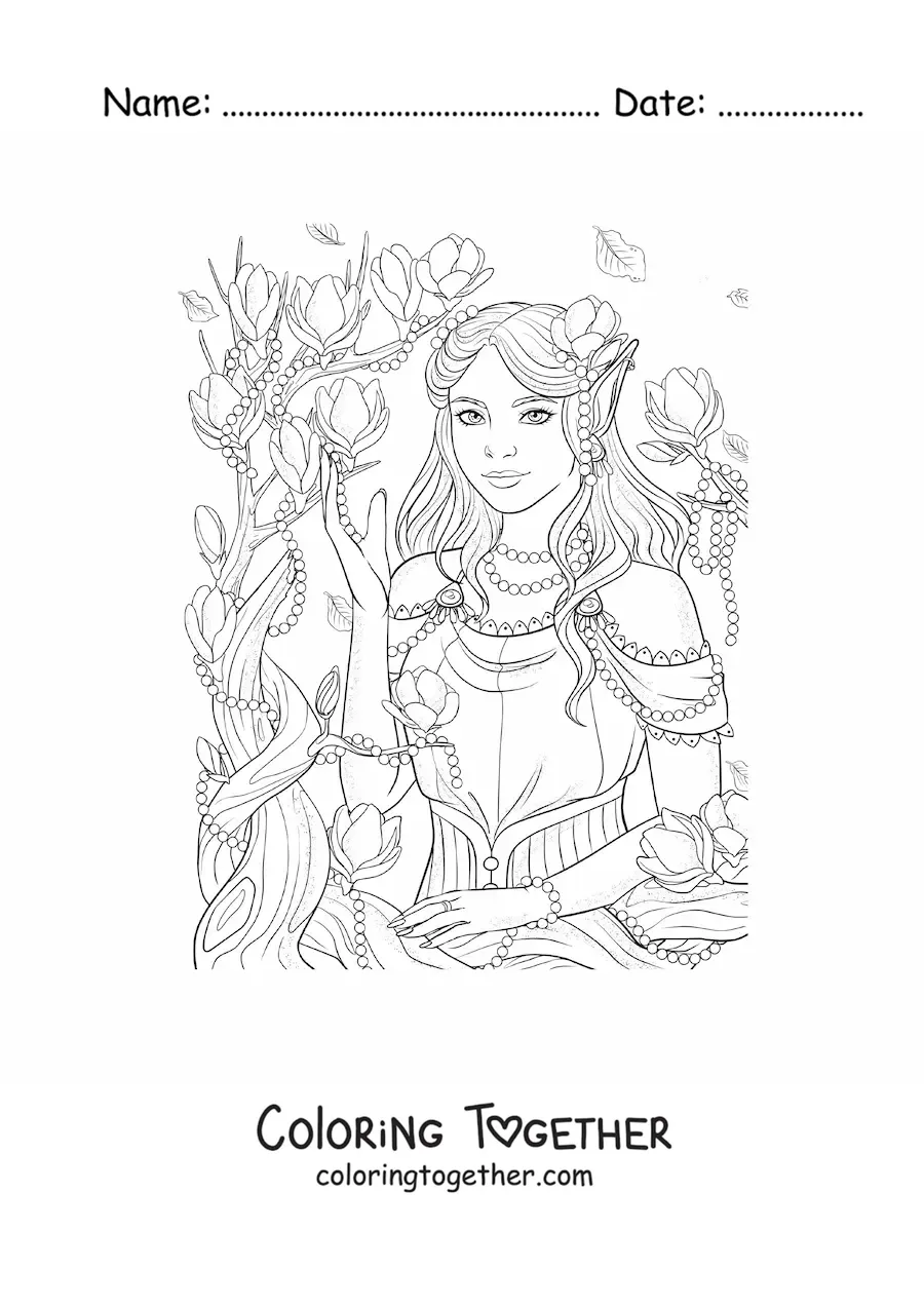 Coloring page of a mythological elf with flowers