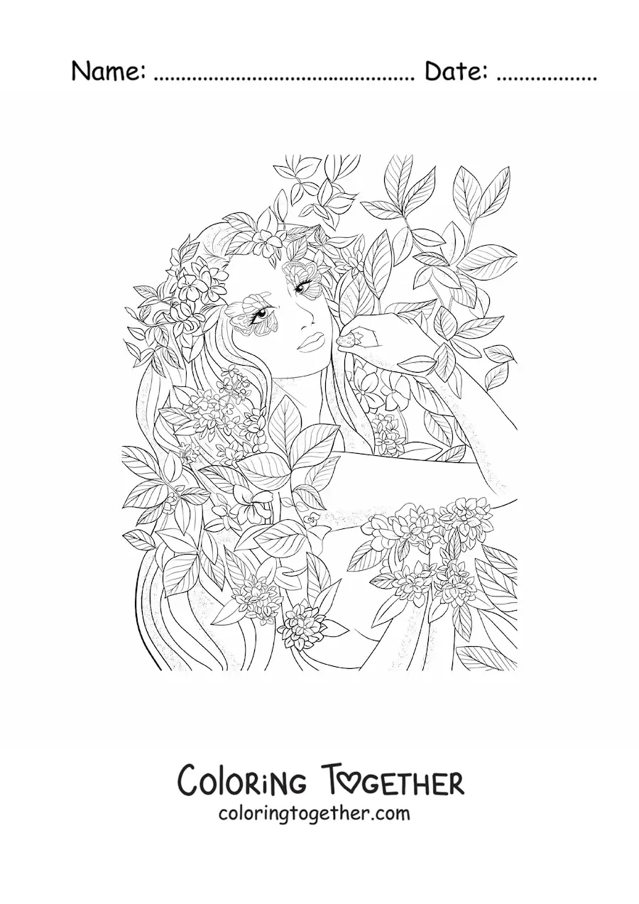 Coloring page of a beautiful realistic elf woman with flowers