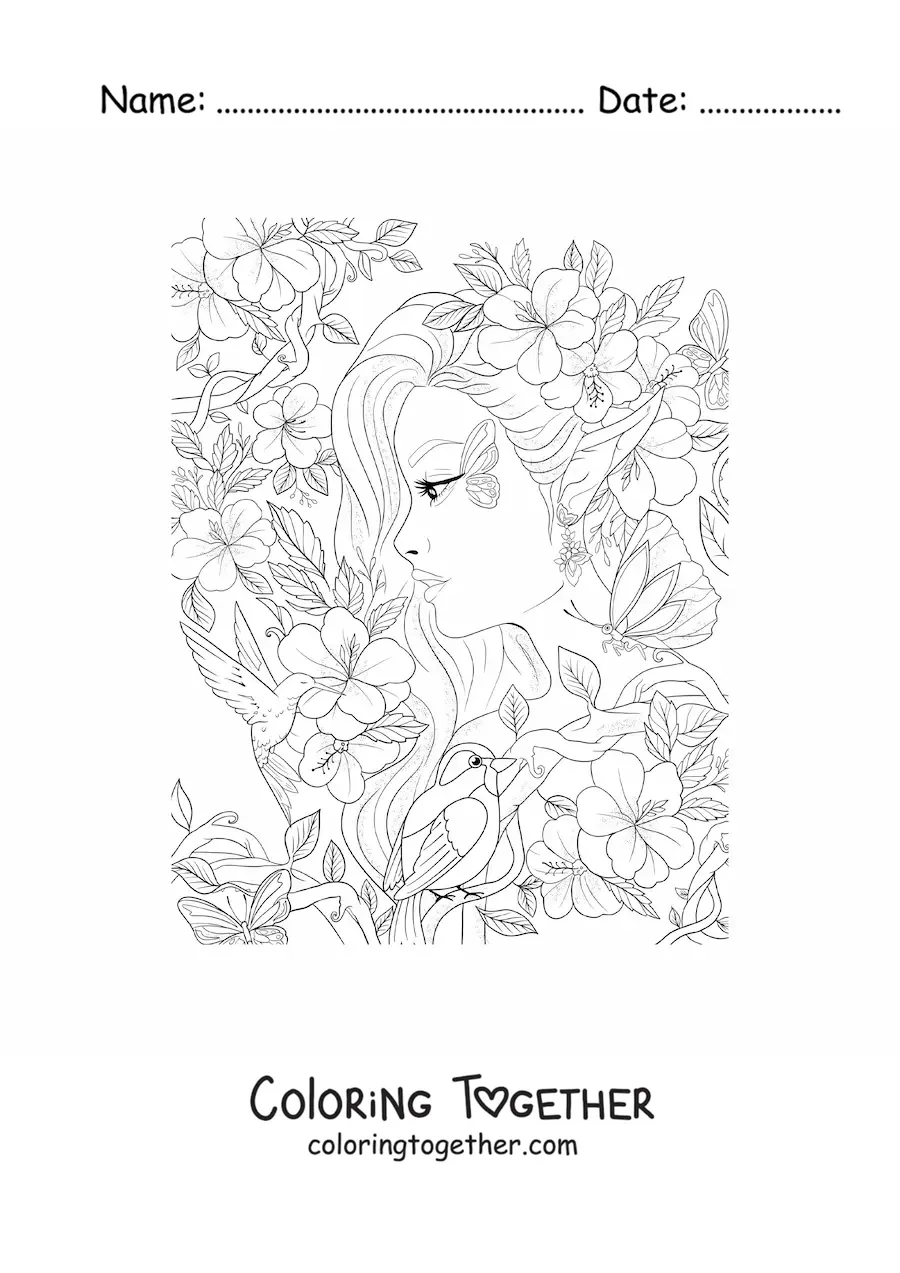 Coloring page of a forest elf woman with flowers and birds