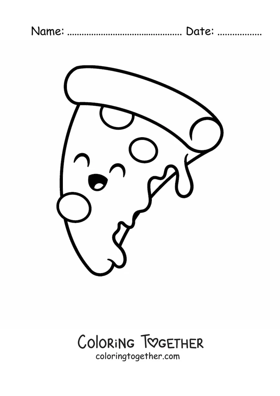 Coloring page of a smiling kawaii pizza slice
