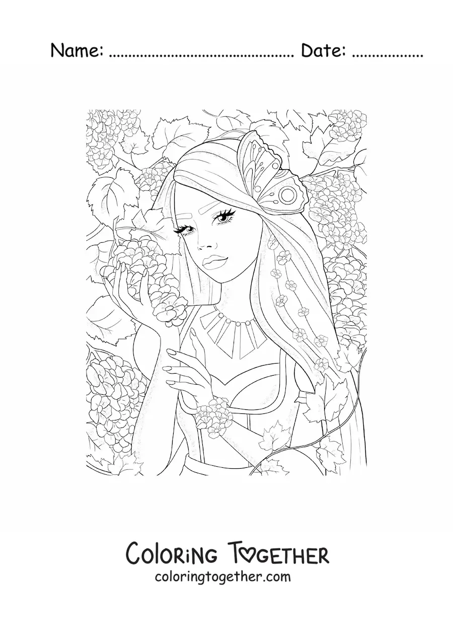 Coloring page of a mythological elf in a forest
