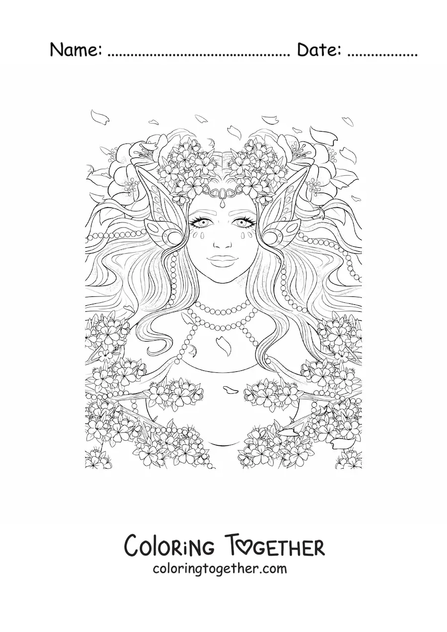 Coloring page of a realistic elf woman with flowers