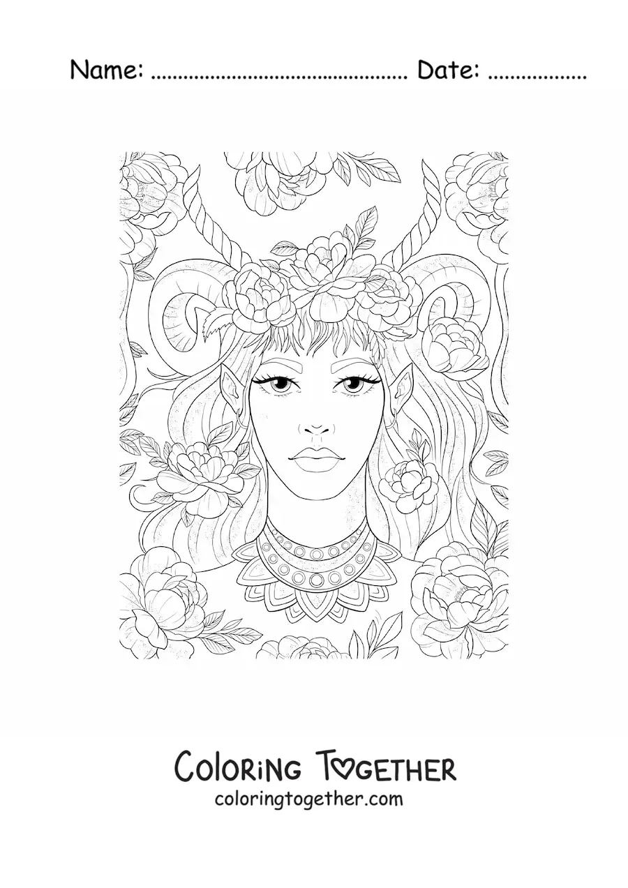Coloring page of a beautiful elf woman with horns and flowers
