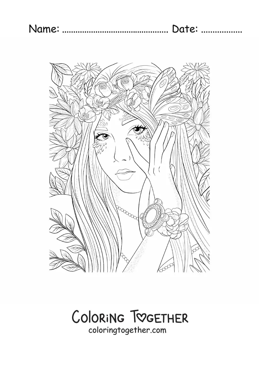 Coloring page of a beautiful forest elf woman