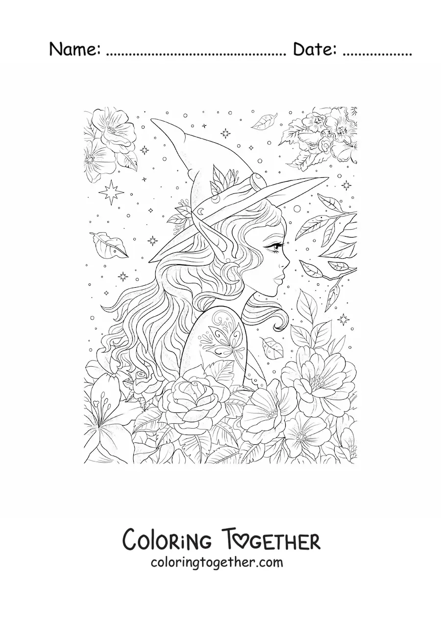 Coloring page of a woman with a witch hat and elf ears