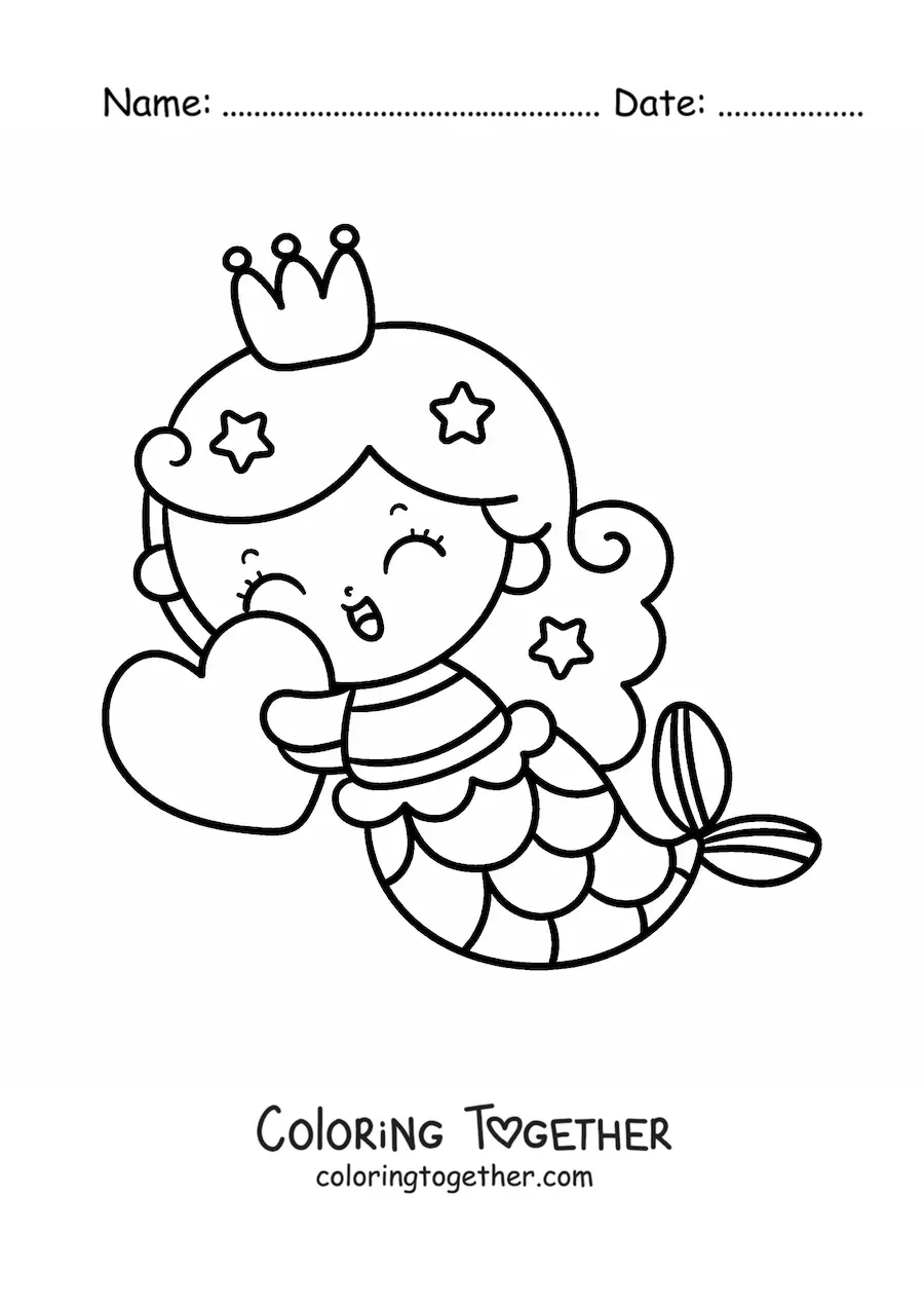 Coloring page of a kawaii mermaid princess with a heart