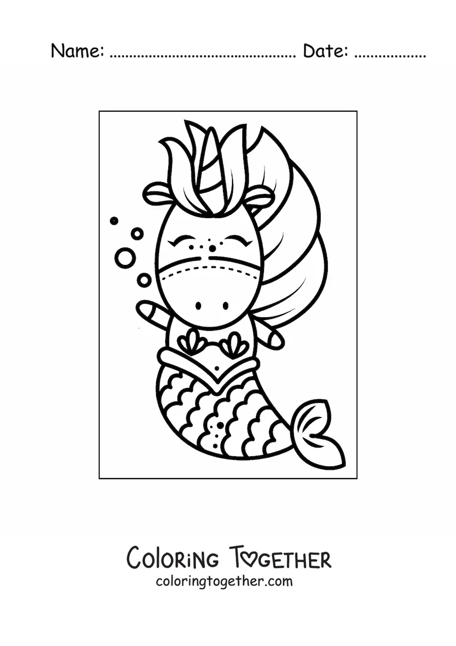 Coloring page of a kawaii unicorn mermaid