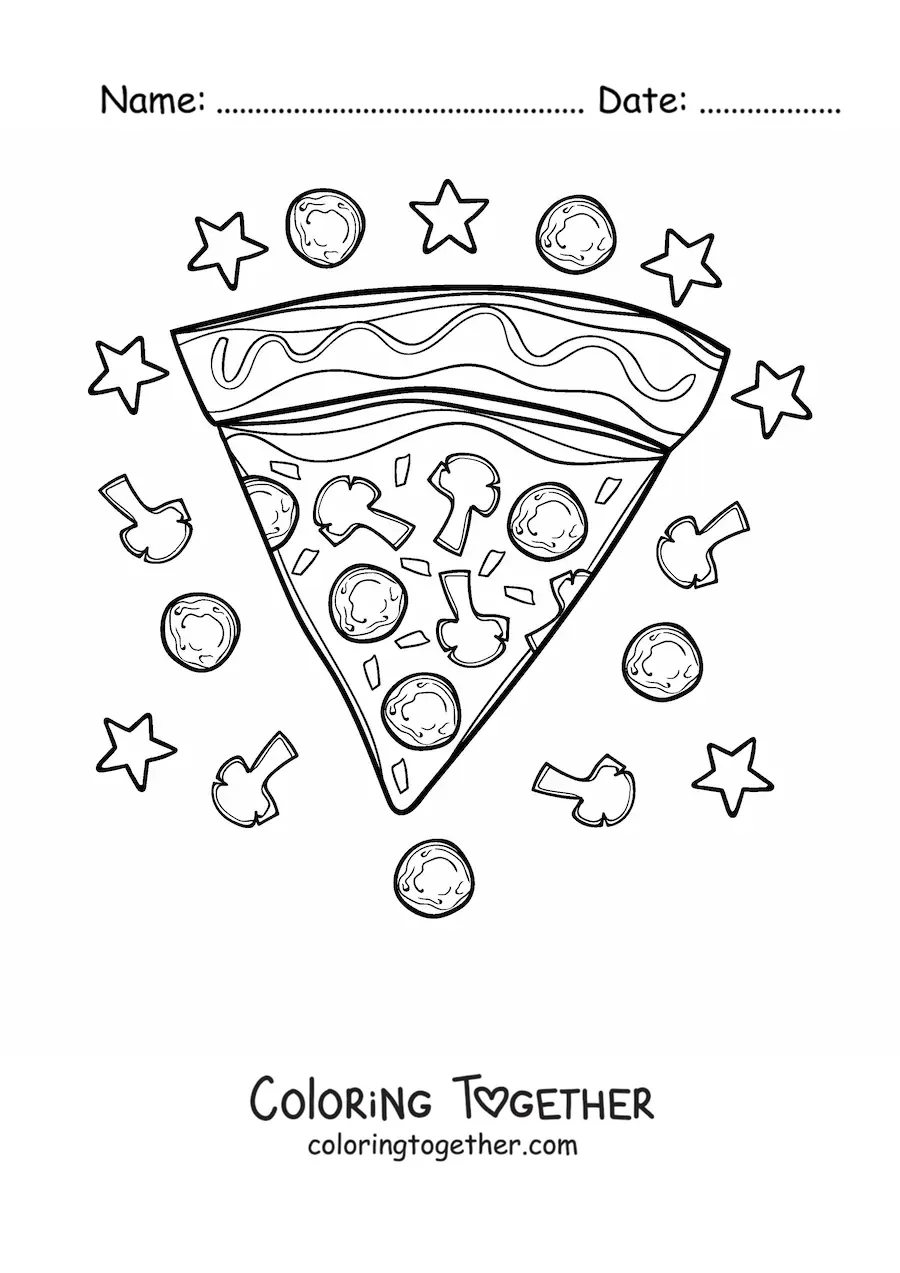 Coloring page of a pizza slice surrounded by stars and toppings