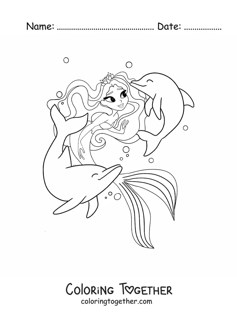 Coloring page of a pretty mermaid princess with dolphins
