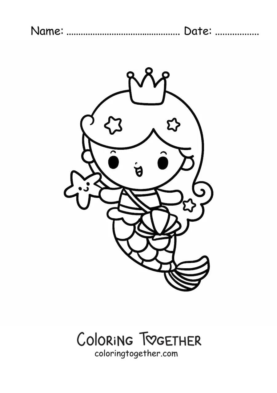 Coloring page of a kawaii mermaid princess with a bag and a starfish