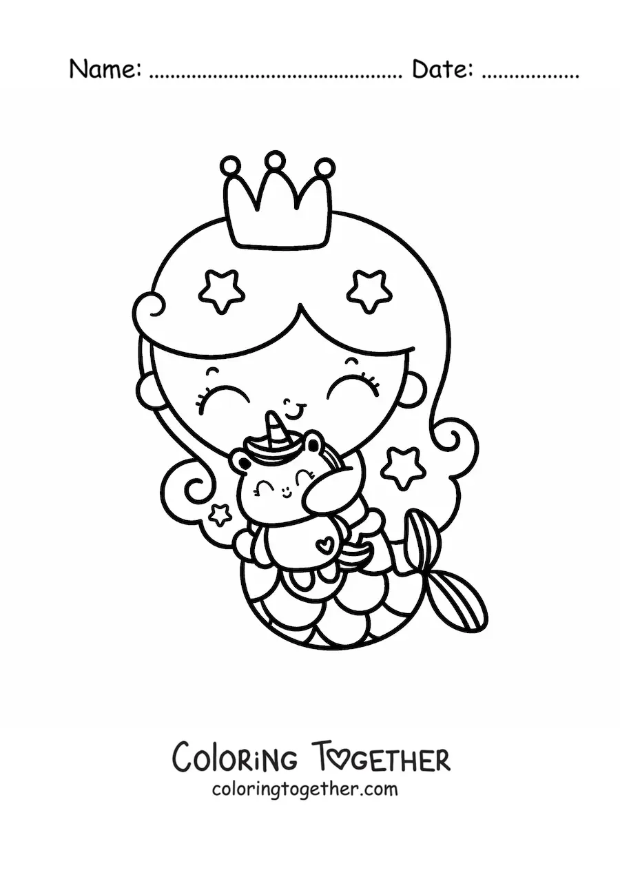 Coloring page of a kawaii mermaid princess with a unicorn plush