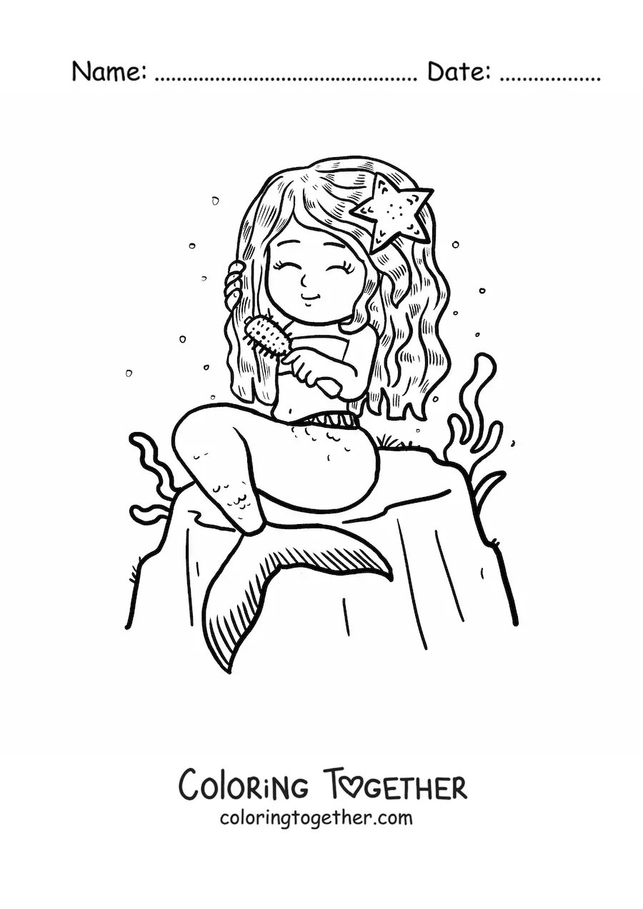 Coloring page of a cartoon mermaid sitting on a rock brushing her hair