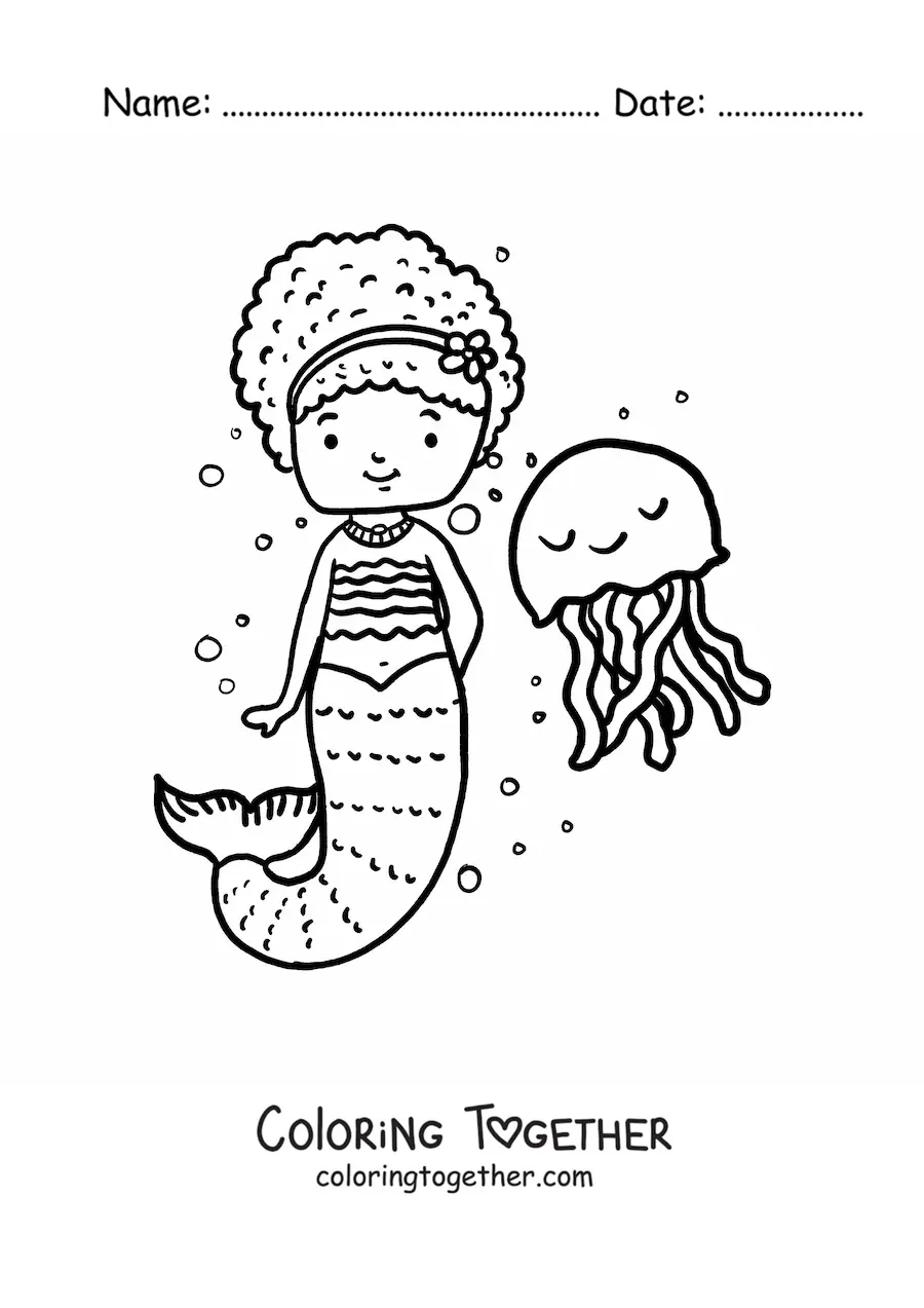 Coloring page of a cartoon mermaid next to a jellyfish