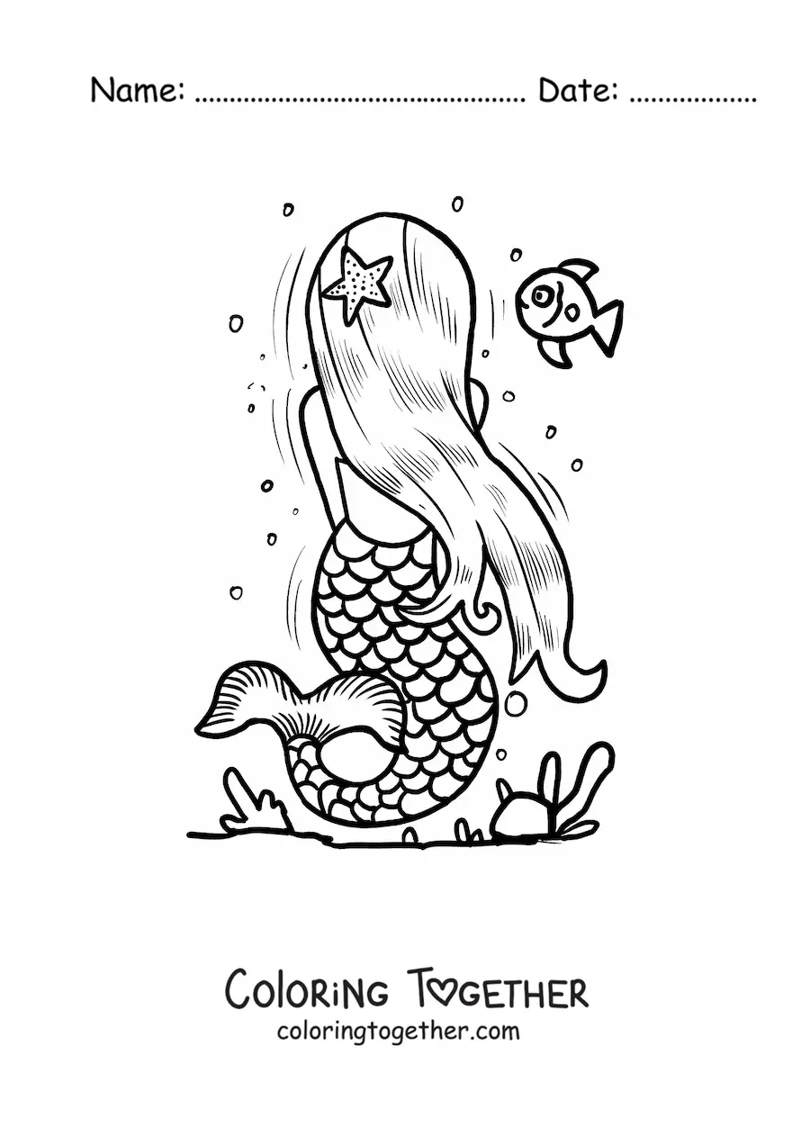 Coloring page of a mermaid seen from behind in the sea