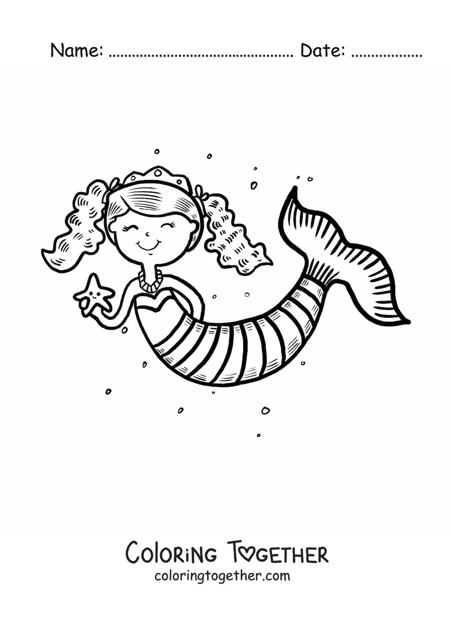 Coloring page of a mermaid princess with a starfish