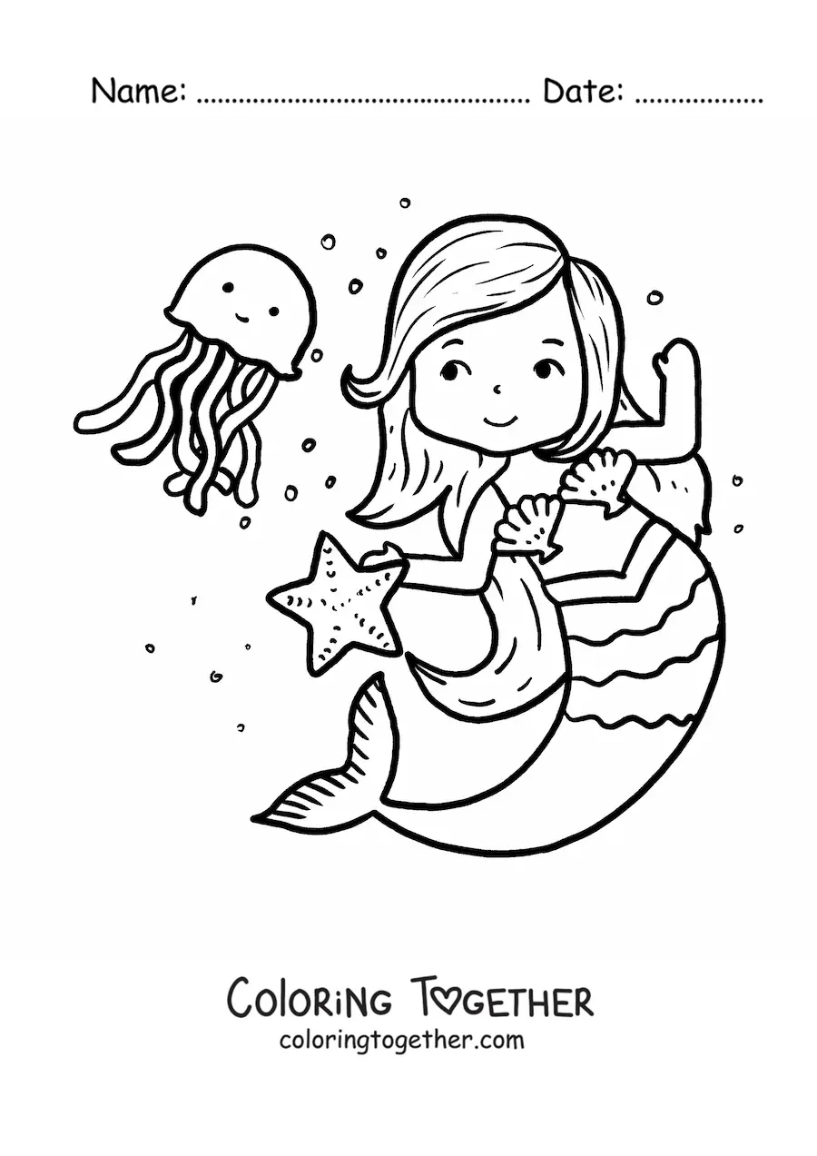 Coloring page of a cartoon mermaid dancing with a jellyfish and a starfish