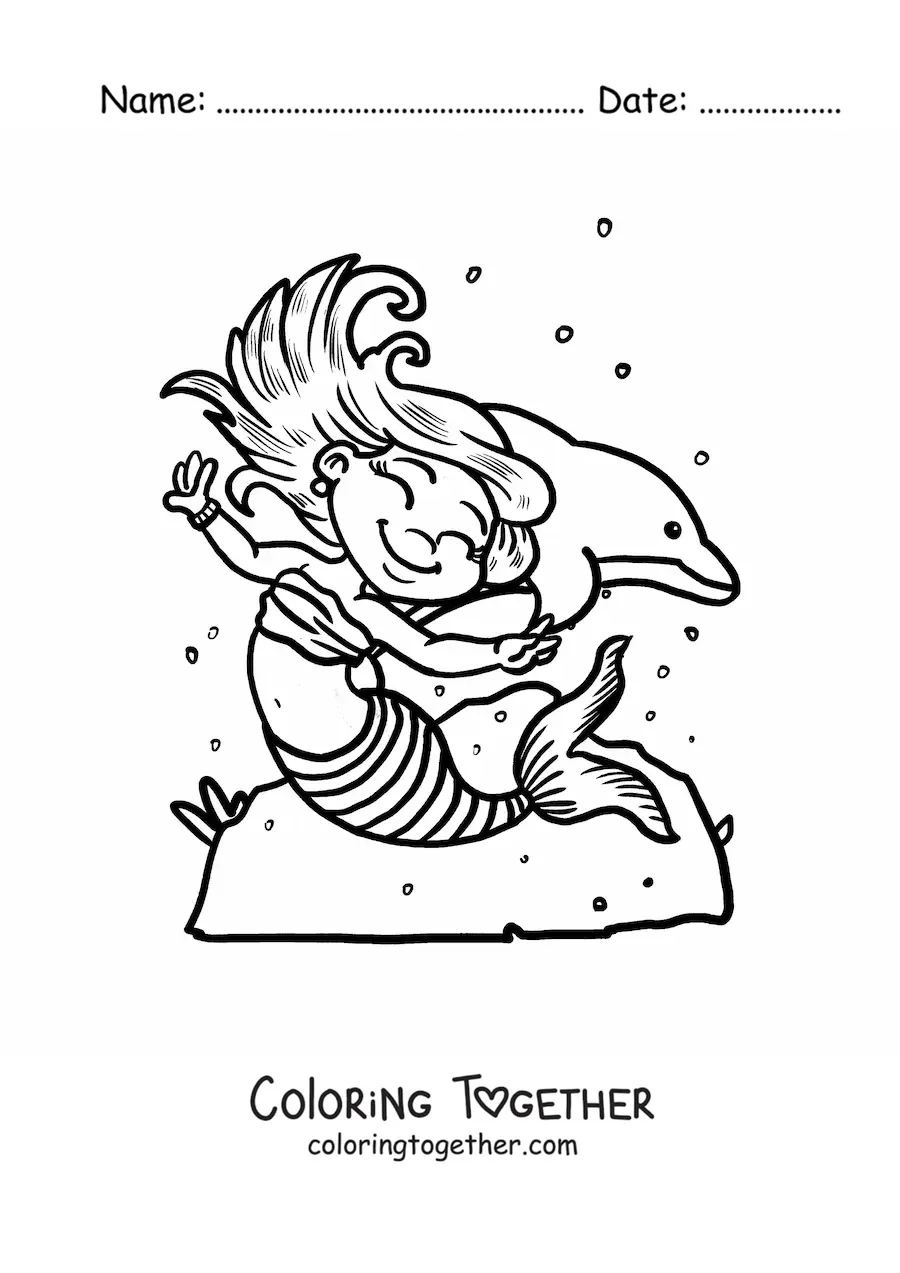 Coloring page of a cartoon mermaid dancing with a dolphin