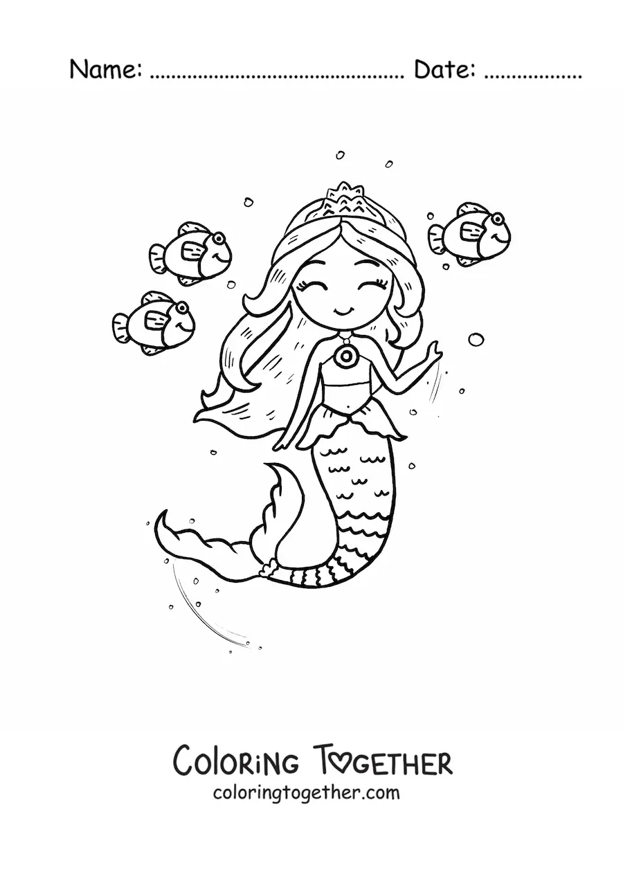Coloring page of a mermaid princess swimming with fish