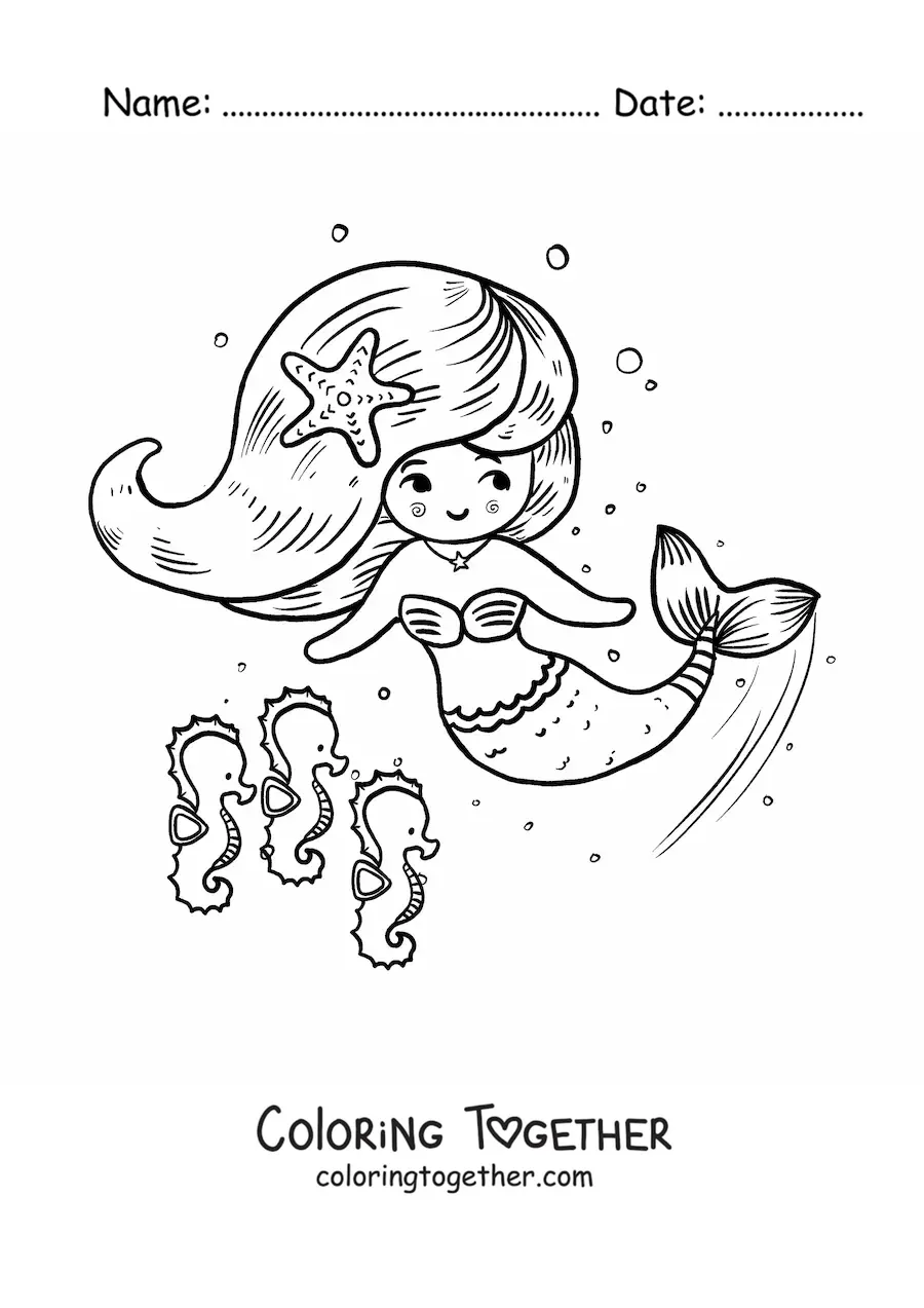 Coloring page of a cartoon mermaid swimming with seahorses
