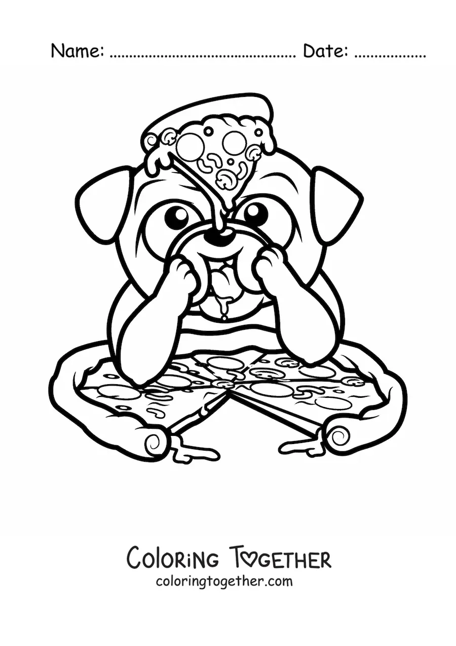 Coloring page of a cartoon pug eating a pizza