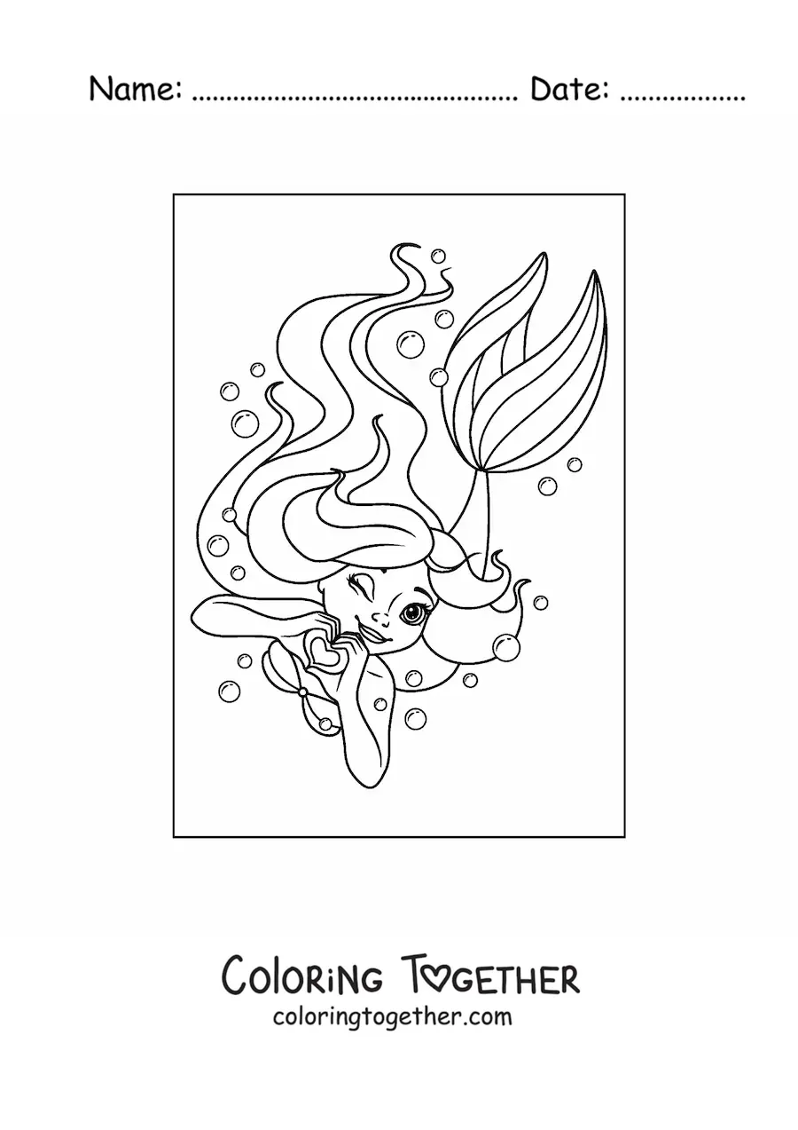 Coloring page of a beautiful mermaid swimming underwater