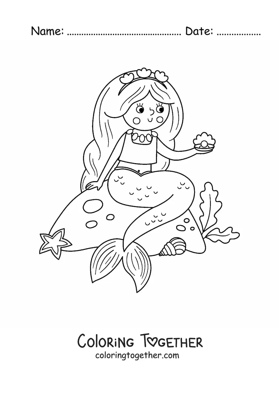 Coloring page of a mermaid sitting on a rock