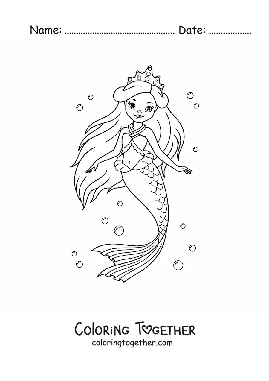Coloring page of a beautiful mermaid princess in the sea