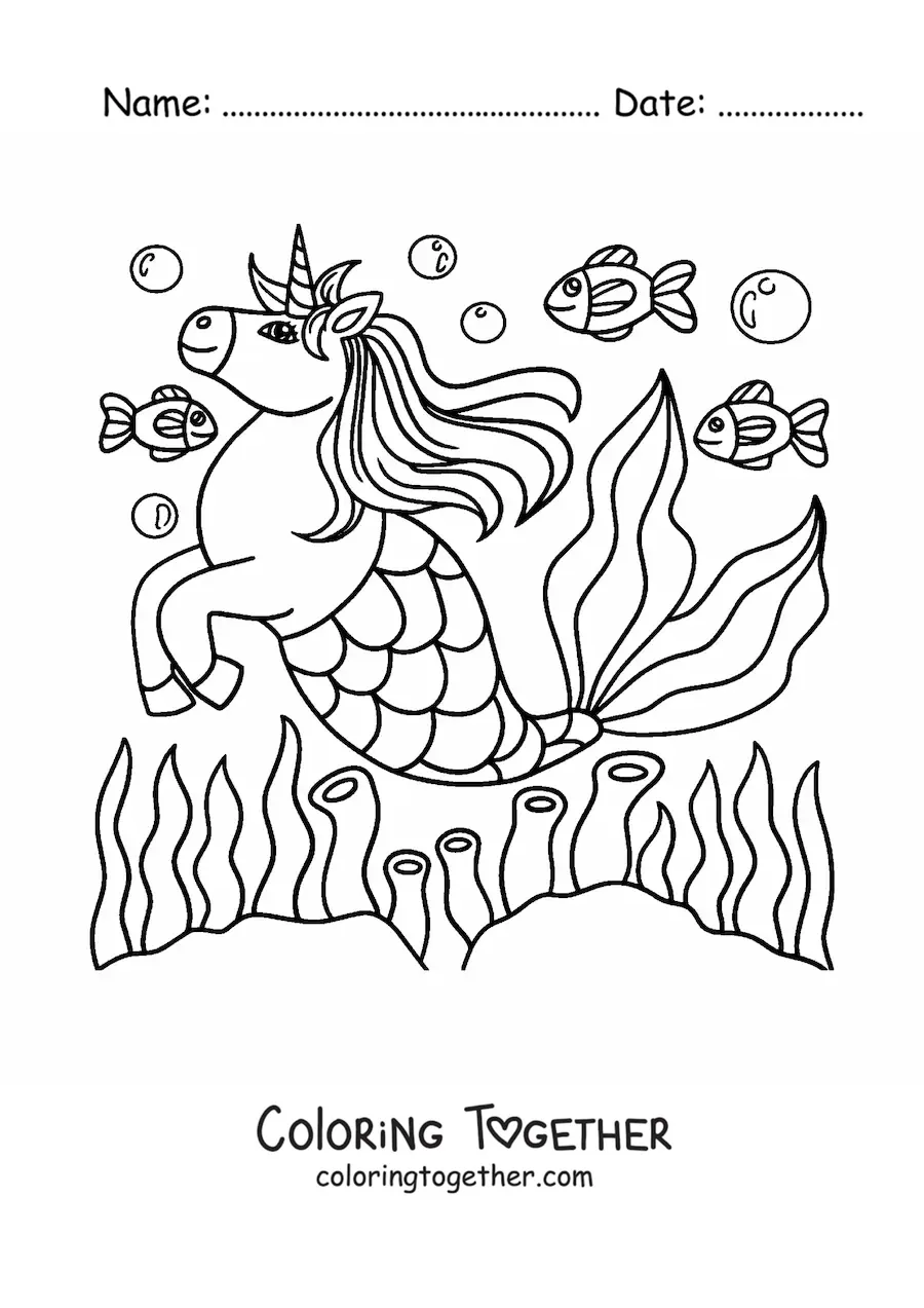 Coloring page of a unicorn mermaid swimming with fish