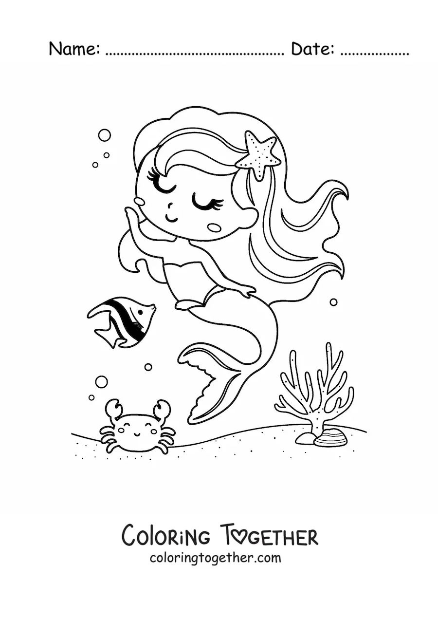 Coloring page of a mermaid dancing with a fish and a crab