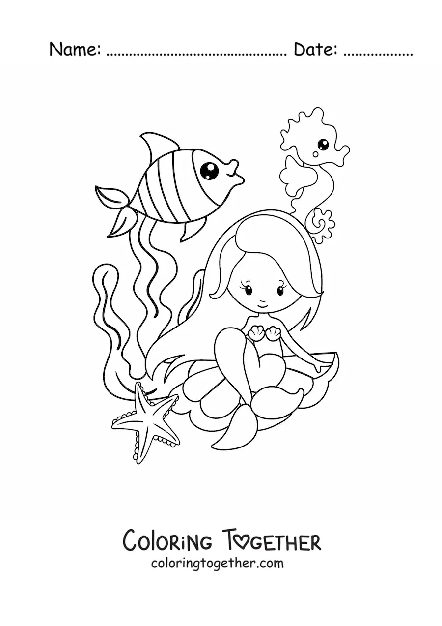 Coloring page of a kawaii mermaid sitting on a seashell with fish