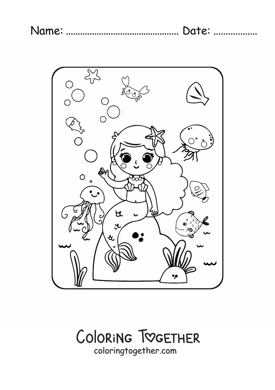 Coloring page of a kawaii mermaid sitting on a rock with fish