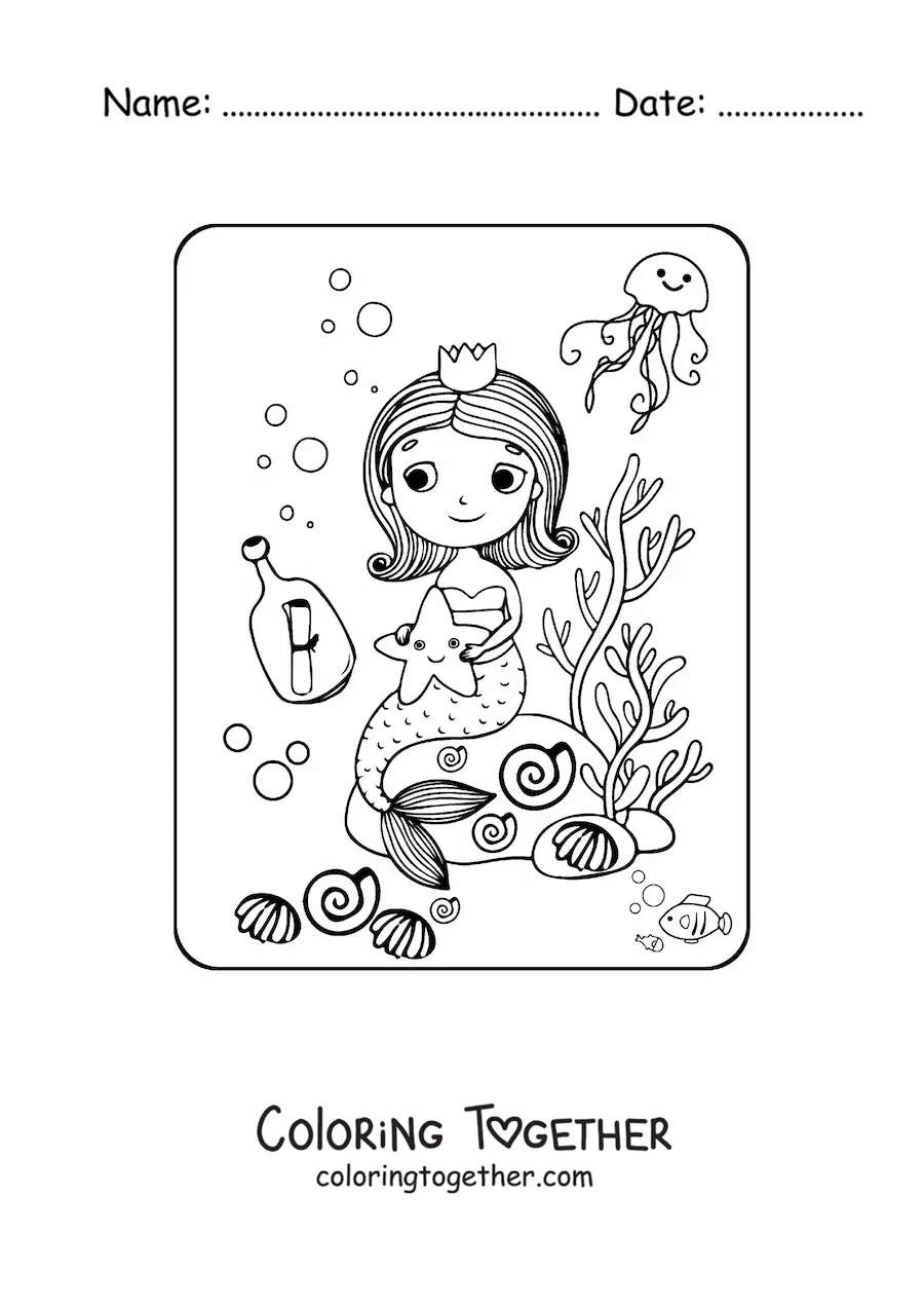 Coloring page of a kawaii mermaid princess sitting on a rock with fish
