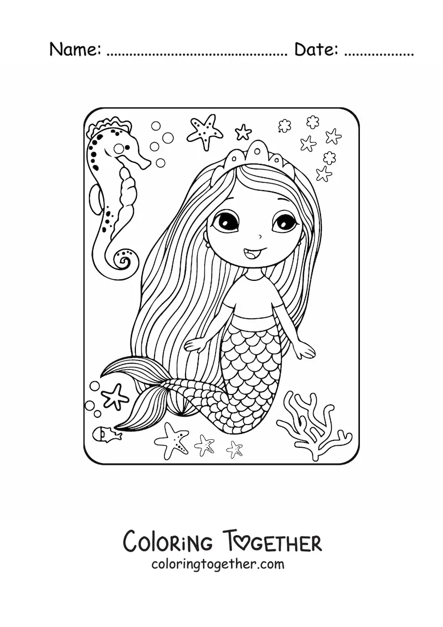 Coloring page of a kawaii mermaid princess swimming with a seahorse