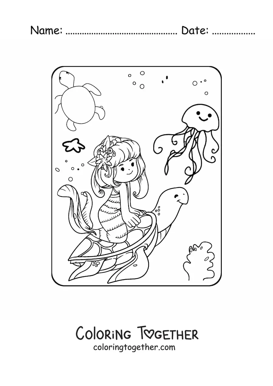 Coloring page of a kawaii mermaid princess swimming with a sea turtle
