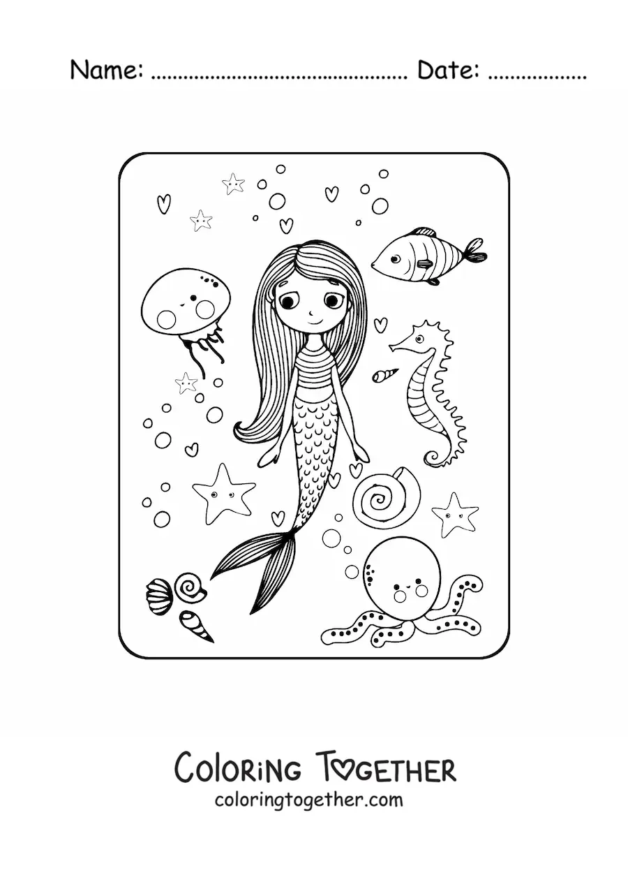 Coloring page of a cartoon mermaid with fish