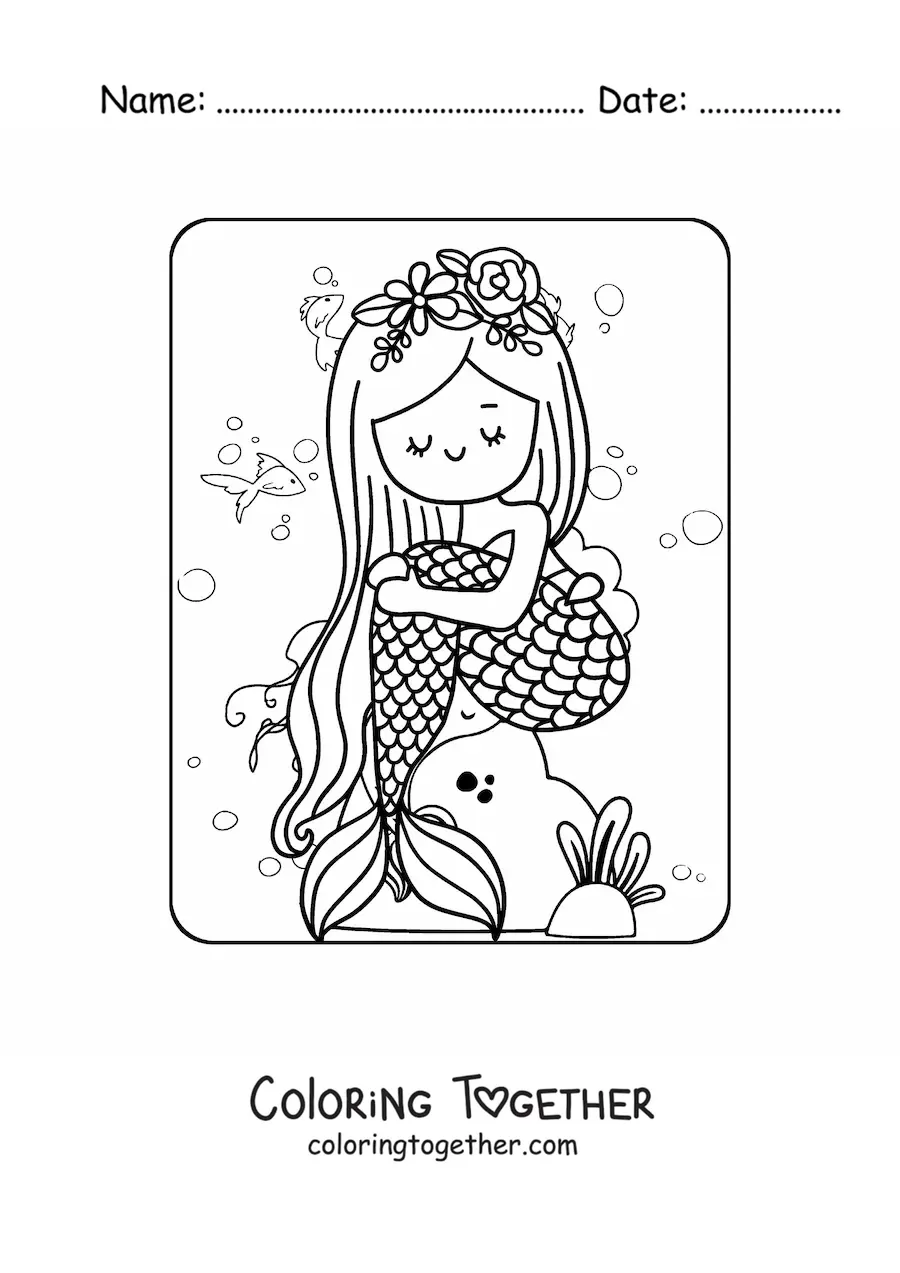 Coloring page of a cute mermaid sitting on a rock