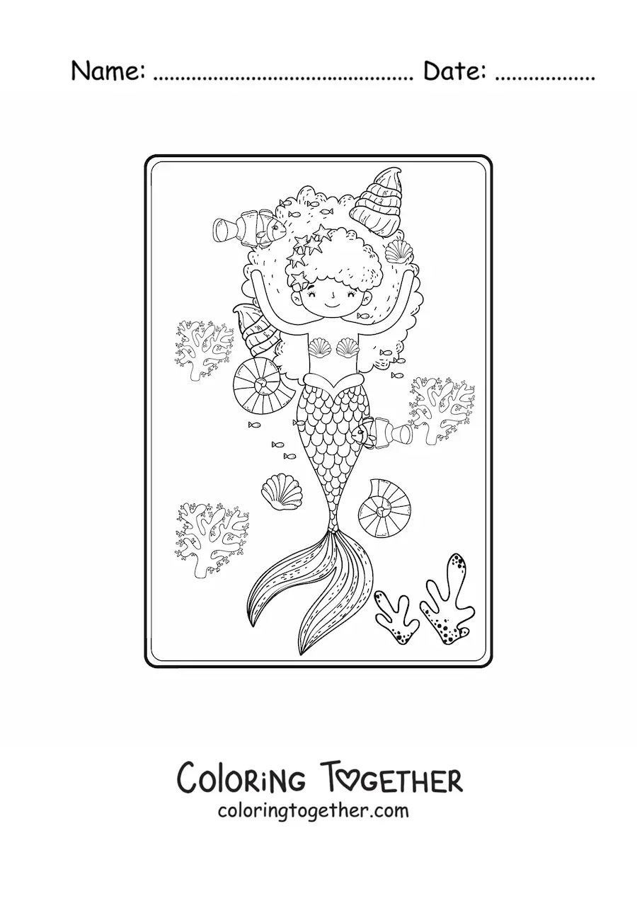 Coloring page of a cute mermaid with an afro