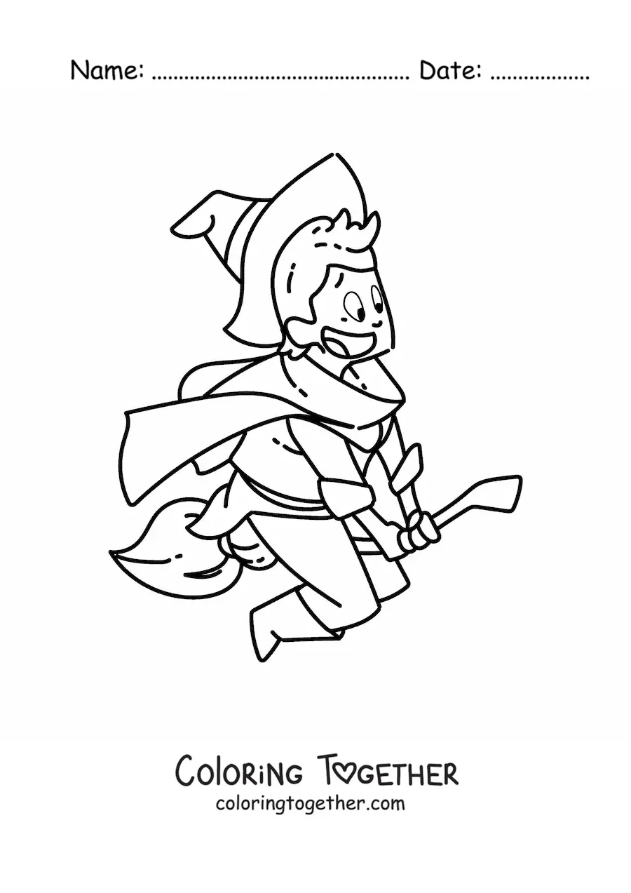 Coloring page of a sorcerer flying on his broom