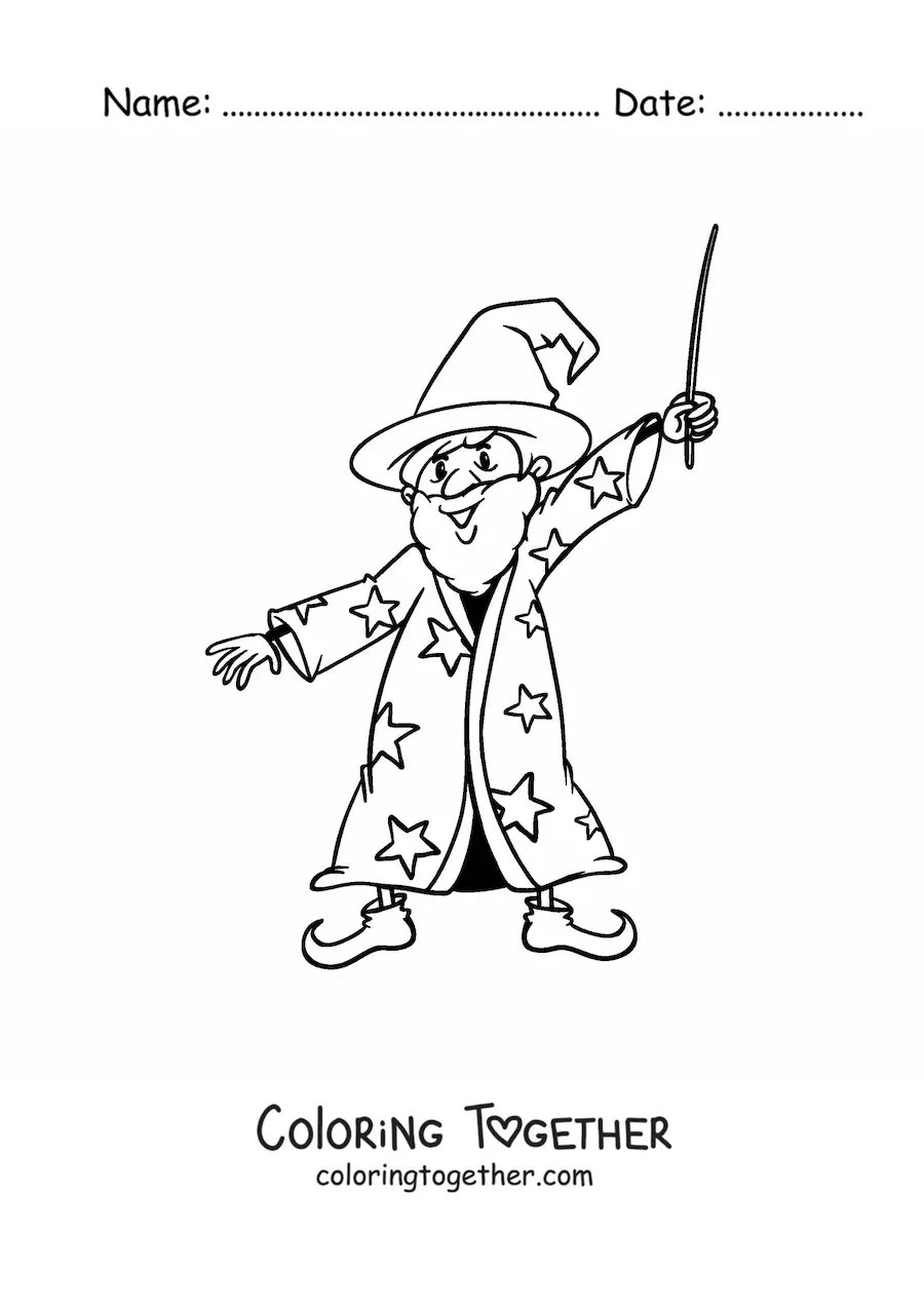 Coloring page of a wizard with his wand