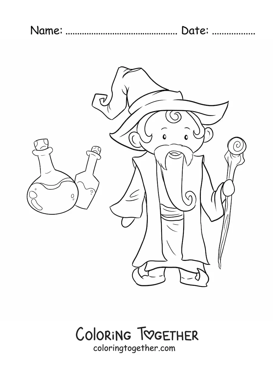 Coloring page of a sorcerer with potions