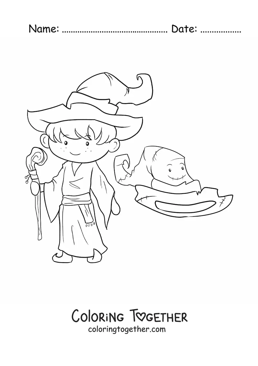 Coloring page of a cartoon sorcerer with a hat