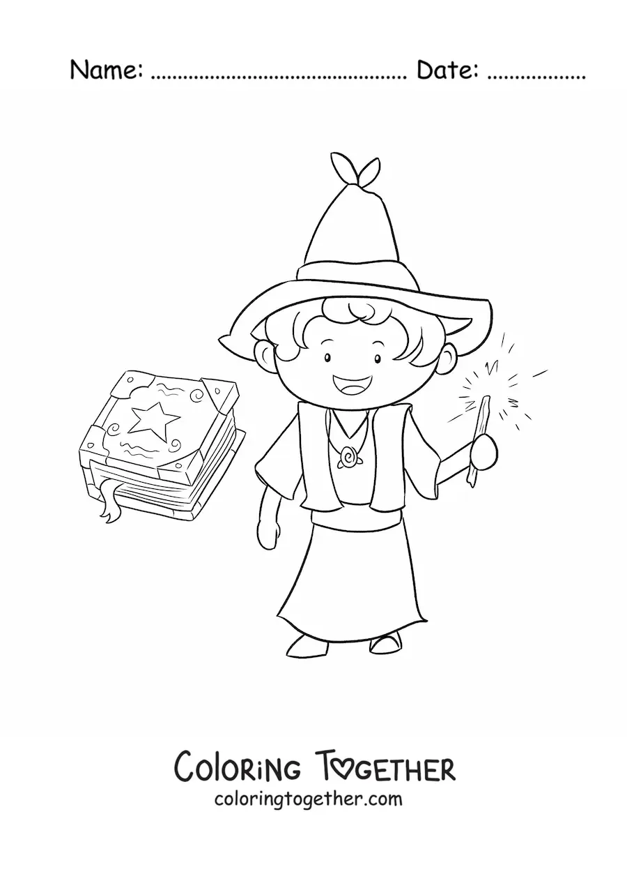 Coloring page of a sorcerer with a wand and a spell book