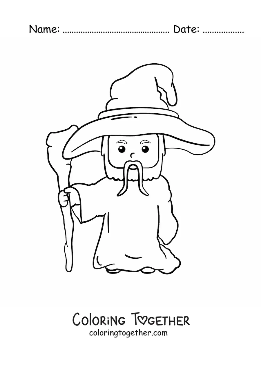 Coloring page of a kawaii sorcerer with a staff