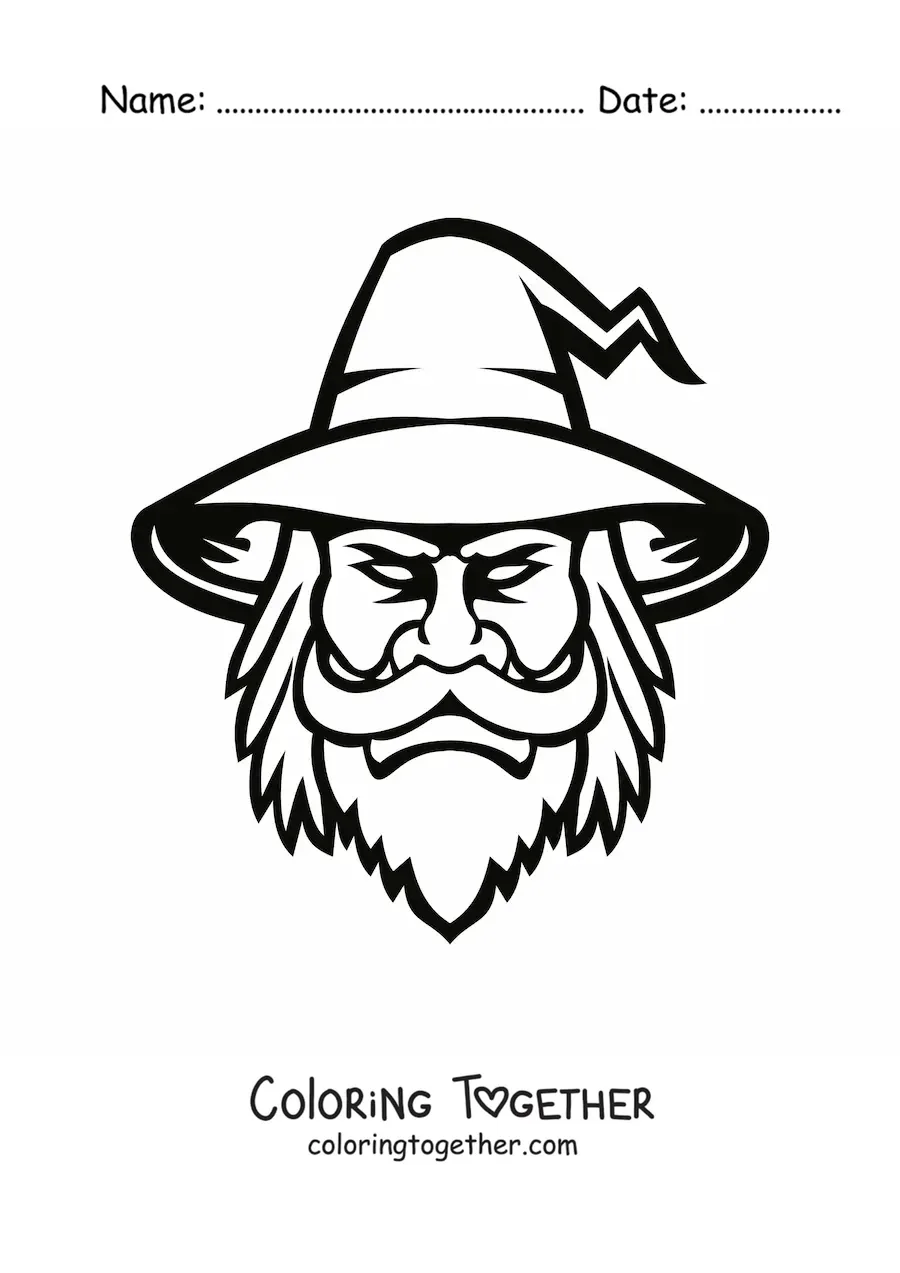 Coloring page of the face of an evil sorcerer