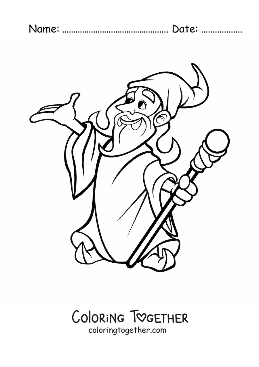 Coloring page of a cartoon of a sorcerer