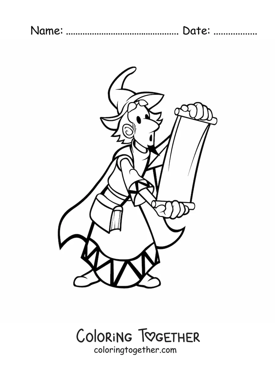 Coloring page of a cartoon sorcerer reading a scroll