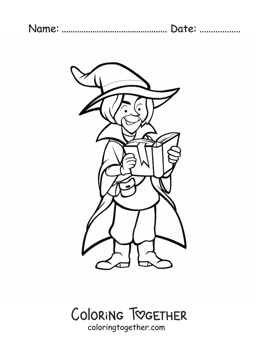 Coloring page of a dark sorcerer reading a book