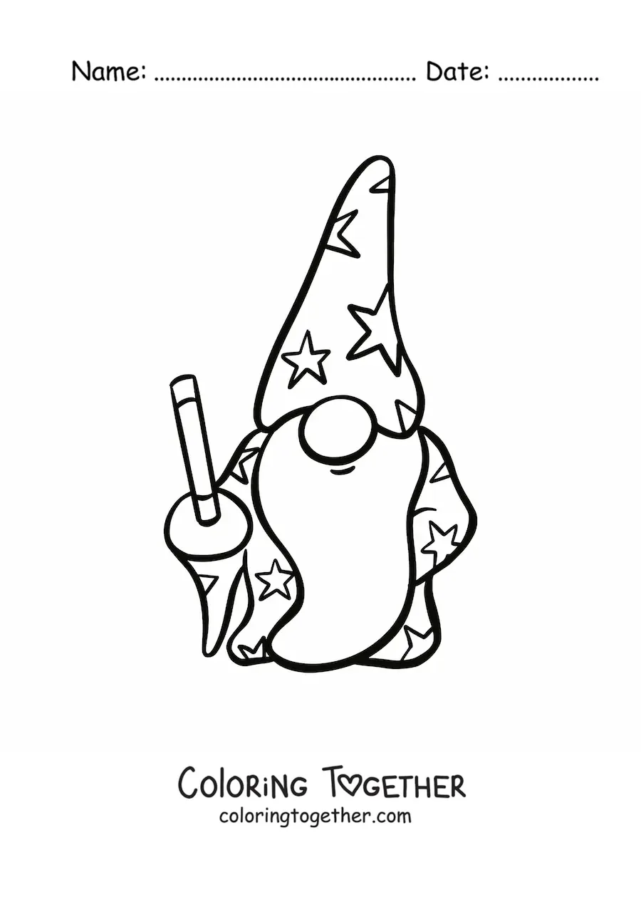 Coloring page of a cute gnome sorcerer