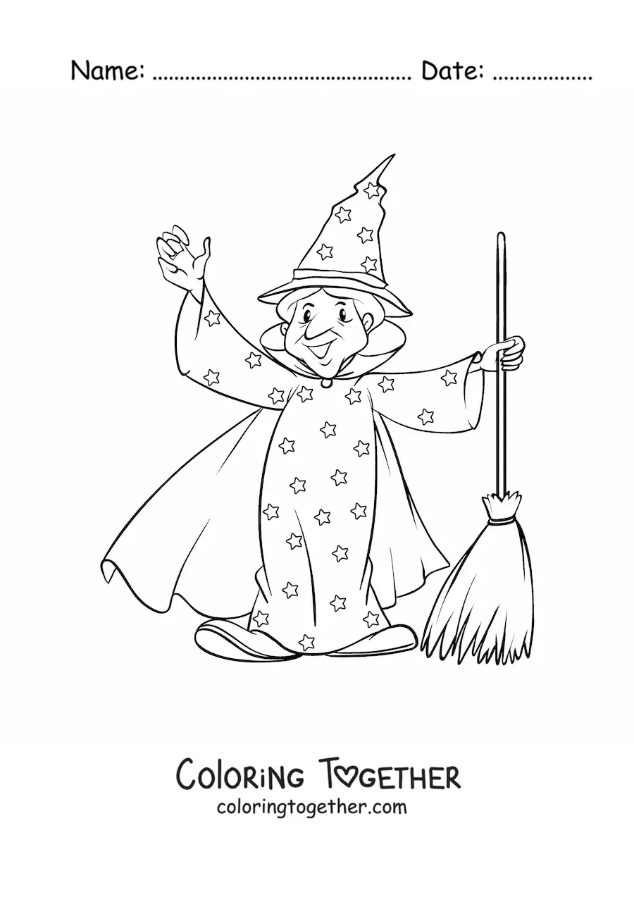 Coloring page of a sorcerer with a cape and a broom